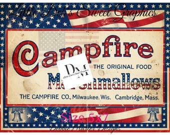Primitive Farmhouse - Patriotic Flag Campfire Original Marshmallow Label - Bakery Pantry Label - Tin Can, Jar - (Digital Download) 5x7 size