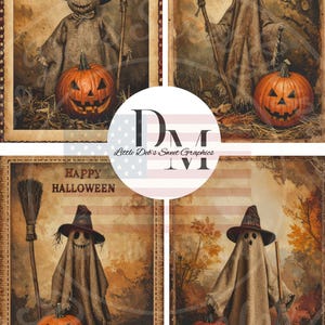 May include: Four vintage-style Halloween prints featuring burlap figures, jack-o'-lanterns, and witch hats. The prints include the text "Happy Halloween" and are framed with a rustic border. The overall color palette is warm with orange, brown, and beige tones.