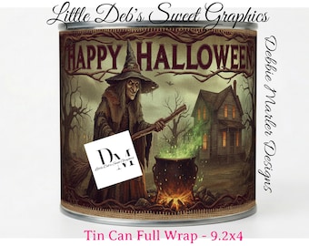 Primitive Farmhouse Grungy - Happy Halloween - Witch, Broom, Cauldron, Spooky - Tin Can FULL WRAP, Jar Labels (Digital Download) 9.2x4 size