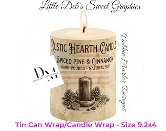 Primitive Farmhouse - Grungy Rustic Hearth Candles - Cinnamon & Pine - Candle Label - Tin Can FULL WRAP, Jar Labels (Digital Download) 9.2x4