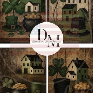 May include: A collage of four St. Patrick's Day themed images. Each image features a rustic wooden background with a house, a pot of gold, a green hat, and a shamrock. The images have a vintage, country style.