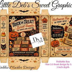 May include: A flat, unfolded cardboard box template for Halloween candy with a vintage aesthetic. The design features illustrations of pumpkins, black cats, ghosts, and bats. Text includes 'Trick or Treat! Sweet Treats', 'Halloween Fun', and candy labels. Dimensions are 3.5 inches wide, 5.5 inches tall, and 1 inch deep.