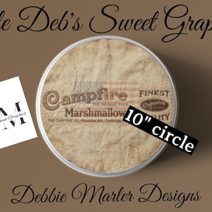May include: A round, 10-inch diameter Campfire Marshmallow tin with a vintage design. The label features an American flag and the text "Campfire Finest Quality". A small white square with a logo is to the left.