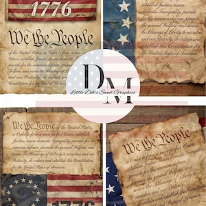 Könnte beinhalten: Eine Collage patriotischer Designs mit der amerikanischen Flagge und dem Text "We the People" aus der US-Verfassung. Die Designs sind auf gealtertem Papier gedruckt und haben eine Vintage-Ästhetik. Das Jahr "1776" ist ebenfalls abgebildet.