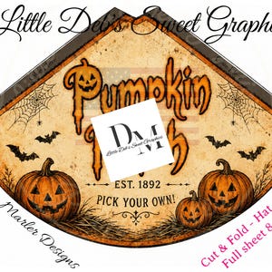 May include: A printable hat cone template featuring a vintage-style pumpkin patch design with orange jack-o'-lanterns, spiderwebs, and bats on a beige background. The text reads Pumpkin Patch, Est. 1892, Pick Your Own, and Little Deb's Sweet Graphics.