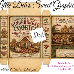 May include: A foldable box template featuring gingerbread cookie graphics, text reading "Gingerbread Cookies Made with Love," "Timeless Treats That Warm the Heart," and "Bake, Share, Cherish." The design includes dimensions of 3.5 inches by 5.5 inches by 1 inch.
