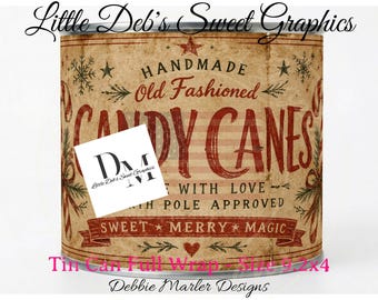 Primitive Farmhouse Candy Canes - Christmas Old Fashioned Peppermint Candy Cane Label - Tin Can FULL WRAP, Jar Labels Digital Download 9.2x4