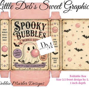 May include: A printable foldable box template featuring a Spooky Bubbles bubble gum design with a ghost blowing a pink bubble. The box measures 3.5 inches wide by 5.5 inches tall by 1 inch deep. It includes text like Sweet Bubbles with a Spooky Twist and Pop, Chew, and Get Spooky.