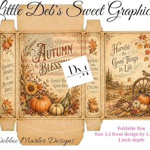 May include: A flat, unfolded cardboard box template featuring autumn-themed graphics with pumpkins, sunflowers, and wheat. Text includes "Autumn Blessings," "Harvest the Good Things in Life," and "Grateful Hearts & Autumn Days." Dimensions are 3.5 inches by 5.5 inches by 1 inch.