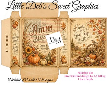 Digital Download Little Box - Farmhouse - Autumn Blessings Fall Pumpkins, Sunflowers Box Label - Pantry Can FULL BOX Wrap - Fold & Make Box