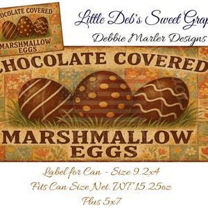 Peut inclure: Une étiquette de style vintage pour des œufs de guimauve enrobés de chocolat. L'étiquette présente trois œufs en chocolat décorés sur un lit d'herbe, avec les mots "Chocolate Covered Marshmallow Eggs". L'étiquette mesure 23.37 x 10.16 cm.