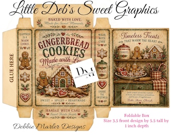 Digital Little Box - Primitive Farmhouse - Gingerbread Christmas Cookie Pantry Box Labels - Tin Can FULL BOX Wrap, Jar - Fold & Make Box