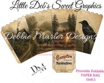 Digital Little Paper Bag - Primitive Farmhouse - Campfire Marshmallow Crow, Sheep Pantry Bag Labels - Tin Can Wrap, Jar - Fold & Make Bag