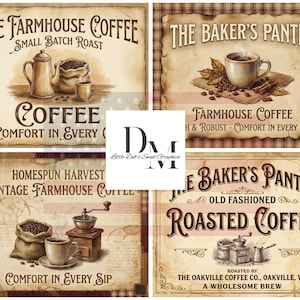 Pode incluir: Quatro placas de café em estilo vintage com texto e ilustrações. As placas apresentam frases como "The Farmhouse Coffee", "The Baker's Pantry" e "Roasted Coffee". Cada placa tem uma aparência rústica e envelhecida com imagens relacionadas ao café.