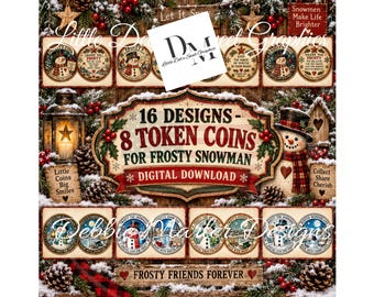 2 Sheets - 16 Different Designs - 8 Coins Frosty Snowman Paper Christmas Cutouts - Pantry Label - Tin Can, Jar Labels Digital Download) PNG