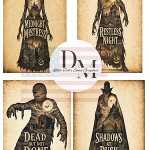 Op de afbeelding: Vier rechthoekige digitale prints op verouderd perkamentpapier met gotische Halloween-thema's. De ontwerpen bevatten een vrouwelijke figuur met het label Midnight Mistress, een zombie met Restless Night, een mummie met Dead But Not Done en een vampier met Shadows At Dusk, allemaal met kerkhofscènes, volle manen en pompoenen.