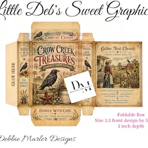 May include: A flat, unfolded cardboard box template featuring a vintage-style design with crows, sunflowers, and a farmhouse scene. The text reads Crow Creek Treasures, Gather. Nest. Cherish., and Handle With Care. Dimensions are 3.5 by 5.5 by 1 inches.