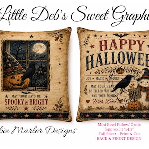 May include: Two square decorative pillows with a vintage-style beige background. The left pillow features a jack-o'-lantern, a crow, and the text 'MAY YOUR DAYS BE SPOOKY & BRIGHT'. The right pillow displays 'HAPPY HALLOWEEN', a crow, and a snowman.