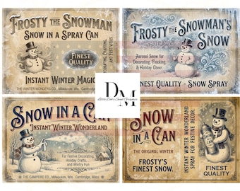 Primitive Farmhouse - Snowman / Frosty - Spray Snow In A Can - Christmas Winter Labels - Tin Can, Jar Labels (Digital Download) 4- 5x7 size