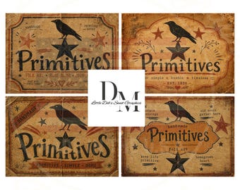 Prim Farmhouse - Primitive Folk Art, Handmade, Simple, Humble, Prim Grungy - Pantry Kitchen Labels - Tin Can, Jar Labels (Digital Download)