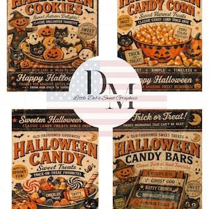 May include: Four rectangular vintage-style Halloween posters featuring illustrations of cookies, candy corn, assorted candies, and candy bars. Each poster includes text like Halloween Cookie Time, Halloween Candy Corn, Halloween Candy, and Halloween Candy Bars.