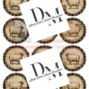 May include: Sheet of circular labels featuring a sheep illustration within a rustic design. The labels have a plaid border and a vintage aesthetic. The sheet also includes the text "Little Deb's Sweet Graphics" and "Full Sheet 8.5x11 Labels Debbie Marter Designs."