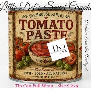 May include: A cylindrical tin can with a vintage-style label featuring the text Farmhouse Pantry Tomato Paste, Slow Simmered, Rich, Bold, All Natural. The label displays a bowl of red tomato paste, fresh tomatoes, and basil leaves. Size 9.2x4.