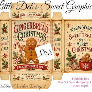 May include: A flat, unfolded cardboard template for a foldable holiday cookie box. The design features a gingerbread man, candy canes, holly, and text including Gingerbread Christmas, Warm Wishes and Sweet Treats for a Merry Christmas. Dimensions are 3.5 inches wide, 5.5 inches tall, and 1 inch deep.