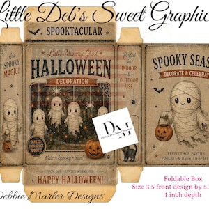 May include: A flat, unfolded cardboard box template for Halloween with a vintage tan background. It features illustrations of mummies, pumpkins, bats, and spiders. Text includes Little Deb's Sweet Graphics, Spooktacular, Halloween Decoration, and Spooky Season. Dimensions are 3.5 inches wide, 5.5 inches tall, and 1 inch deep.