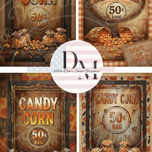 Op de afbeelding: Halloween-illustratie met "Candy Corn" borden en de prijs "50¢ BAG". De afbeelding toont zakken met snoepmaïs en de tekst "Trick or Treat".