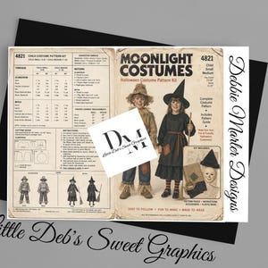 May include: A Moonlight Costumes 4821 child costume pattern kit featuring instructions for scarecrow and witch outfits. The paper sheet includes illustrations of children in costumes, a cutting guide, fabric requirements, and sewing instructions.