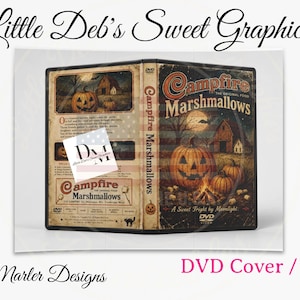 May include: A DVD cover featuring a vintage-style Halloween theme with a jack-o'-lantern, a campfire, and a barn. The text reads Campfire Marshmallows, A Sweet Fright by Moonlight, and includes a small logo with the letters DM. The design is dark and rustic.