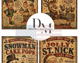 Primitive Farmhouse - Christmas Santa, Snowman, Reindeer, Elf Cake Pops - Baking Pantry Labels - Tin Can Jar Labels (Digital Download)