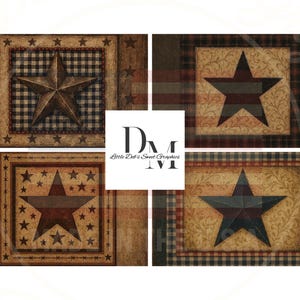 Peut inclure: Quatre motifs rustiques sur le thème des étoiles. Chacun présente une étoile au centre, sur un fond de carreaux, de motifs floraux ou de textures de bois. Les étoiles sont dans des tons de marron, de rouge et de bleu, avec une bordure de petites étoiles.