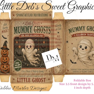 May include: A foldable box template featuring vintage-style Halloween graphics with mummy ghosts, jack-o'-lanterns, and bats. The text reads Mummy Ghosts, A Halloween Tradition, and Little Ghost's Mummy Ghosts. Dimensions are 3.5 inches by 5.5 inches by 1 inch.