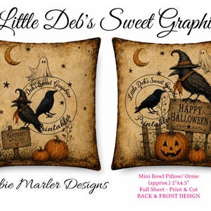 May include: Two square pillows featuring a vintage-style Halloween illustration with a crescent moon, stars, a ghost, crows, pumpkins, and a wooden sign. The left pillow reads 'HANDMADE WITH LOVE' and the right pillow reads 'HAPPY HALLOWEEN'.