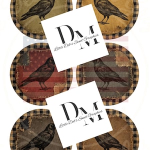 May include: Sheet of labels featuring circular designs with a crow illustration on a patchwork background. The background includes a plaid pattern and a distressed American flag design. The labels are labeled "Little Deb's Sweet Graphics" and "Debbie Marter Designs".