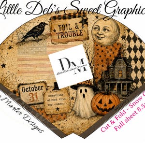 Può includere: Un foglio stampabile a forma di ventaglio con immagini di Halloween tra cui un corvo, una luna, una casa stregata, un fantasma, una zucca e il testo Little Deb's Sweet Graphics, Toil & Trouble, October 31 e Something wicked this way comes.