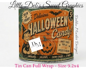 Primitive Farmhouse Grungy - Halloween Candy Trick or Treat Ad - Pumpkins Pantry Tin Can FULL WRAP, Jar Labels (Digital Download) 9.2x4