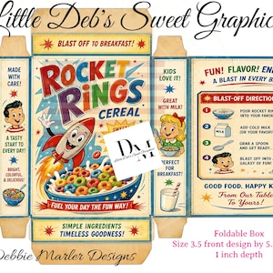 Könnte beinhalten: Eine flache, ungefaltete Müslischachtel-Vorlage mit dem Titel Rocket Rings Cereal. Das Design zeigt eine Cartoon-Rakete, buntes ringförmiges Müsli und Montageanleitungen. Der Text enthält Little Deb's Sweet Graphics und Maße von 8,9 cm mal 14 cm mal 2,5 cm.