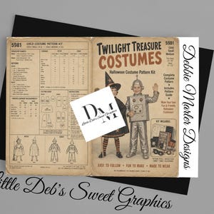 May include: A vintage-style Twilight Treasure Costumes pattern kit for children, featuring illustrations of a witch and a robot costume. The paper document includes detailed sewing instructions, size charts, and a list of required notions for DIY Halloween outfits.