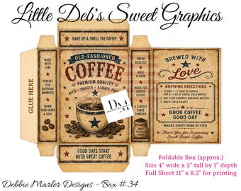 Digital Download Little Box - Primitive Farmhouse - Old Fashioned Coffee Pantry Kitchen Labels - Can FULL BOX Wrap - Jar, Fold & Make Box