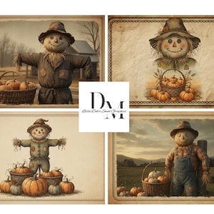 May include: Four vintage-style illustrations featuring scarecrows and pumpkins. One image shows a scarecrow with a basket of pumpkins. Another depicts a scarecrow with a basket of pumpkins. The third shows a scarecrow with pumpkins. The last shows a scarecrow with a basket of pumpkins.