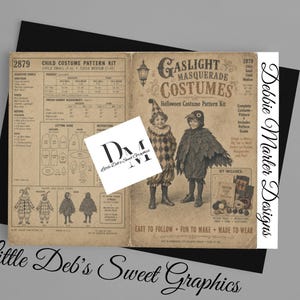 May include: A vintage-style Gaslight Masquerade Costumes pattern kit for children, featuring illustrations of a harlequin and a bird costume. The tan paper includes text, sizing charts, cutting guides, and instructions, with a DM logo overlay.