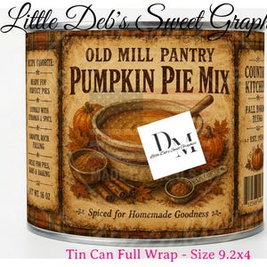 May include: A cylindrical tin can with a full wrap label featuring the text Old Mill Pantry Pumpkin Pie Mix. The label displays a bowl of pumpkin filling, pumpkins, cinnamon sticks, and a measuring cup. It includes the text Net Wt. 16 oz.