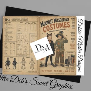 Puede incluir: Un kit de patrón de disfraz para niños de estilo vintage Moonlit Masquerade Costumes, con ilustraciones de disfraces de gato y espantapájaros. El papel color canela incluye texto, tablas de tallas e instrucciones, con un logotipo cuadrado blanco que dice DM Little Deb's Sweet Graphics.