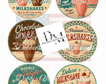 Farmhouse 6 -3.5" Circle Labels - Full Sheet Retro Strawberry Chocolate Shake - Pantry, Kitchen Tin Can, Jar Lids Labels (Digital Download)