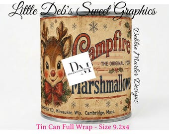 Primitive Farmhouse Grungy - Campfire Vintage Reindeer Marshmallows Bakery - Kitchen Pantry Tin Can FULL WRAP, Labels (Digital Download)