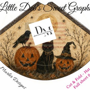 May include: A printable hat cone craft sheet featuring a Halloween scene with two jack-o'-lanterns, a black cat wearing a witch hat, and a crow. The design includes a full moon, stars, and bare branches. Text reads Little Deb's Sweet Graphics, Debbie Marler Designs, and Cut & Fold - Hat Cone Full sheet 8.5x11.