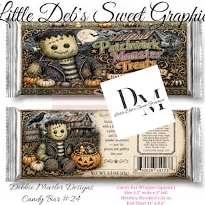 May include: Two candy bar wrappers featuring a Frankenstein-style monster, pumpkins, and a haunted house. The text reads Little Deb's Sweet Graphics, Patchwork Monster Treats, and Farmhouse Frights. The wrapper includes a barcode and net weight 42g.